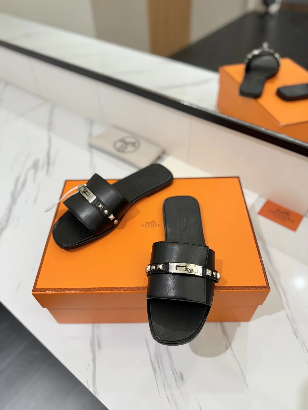 HERMES Slides Calfskin Leather Black-Silver EU35-40 B20202609111863 - Image 5