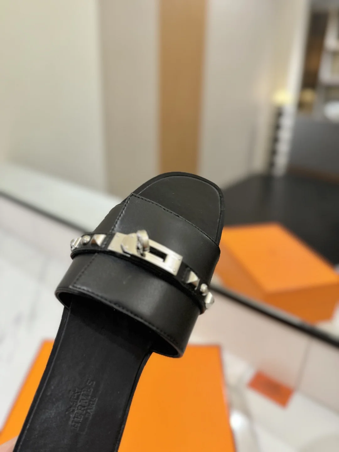 HERMES Slides Calfskin Leather Black-Silver EU35-40 B20202609111863 - Image 8