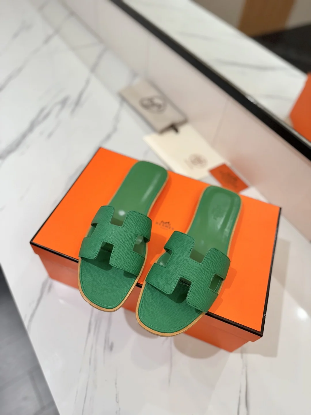 HERMES Slides Grained Calfskin Green-Brown EU35-40 B00202609111866 - Image 3