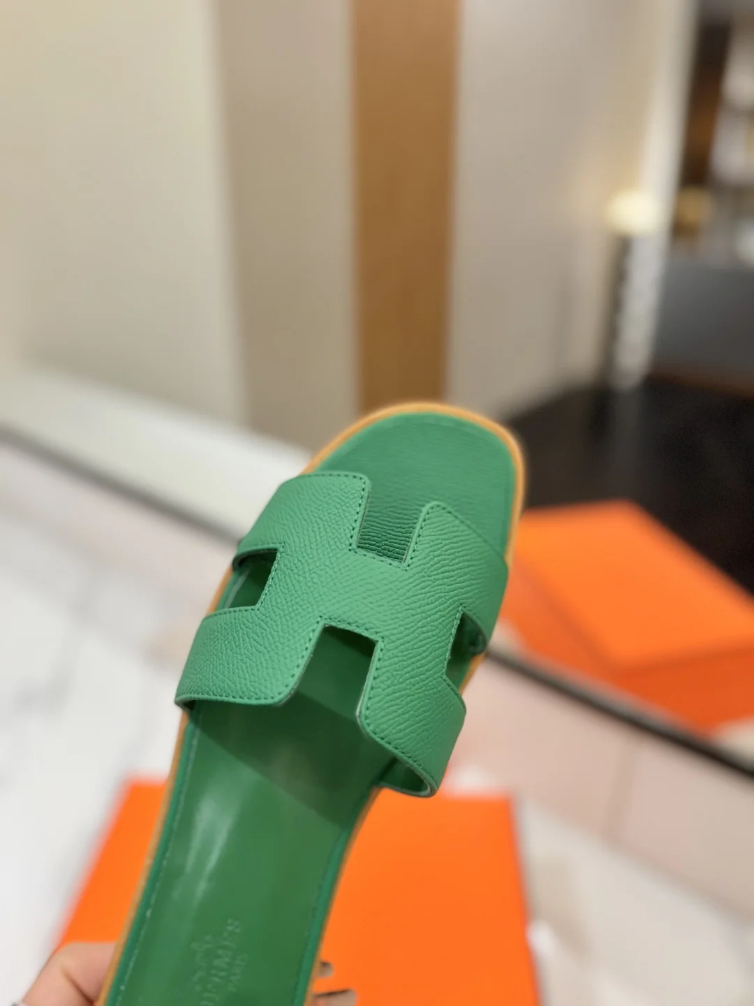 HERMES Slides Grained Calfskin Green-Brown EU35-40 B00202609111866 - Image 6
