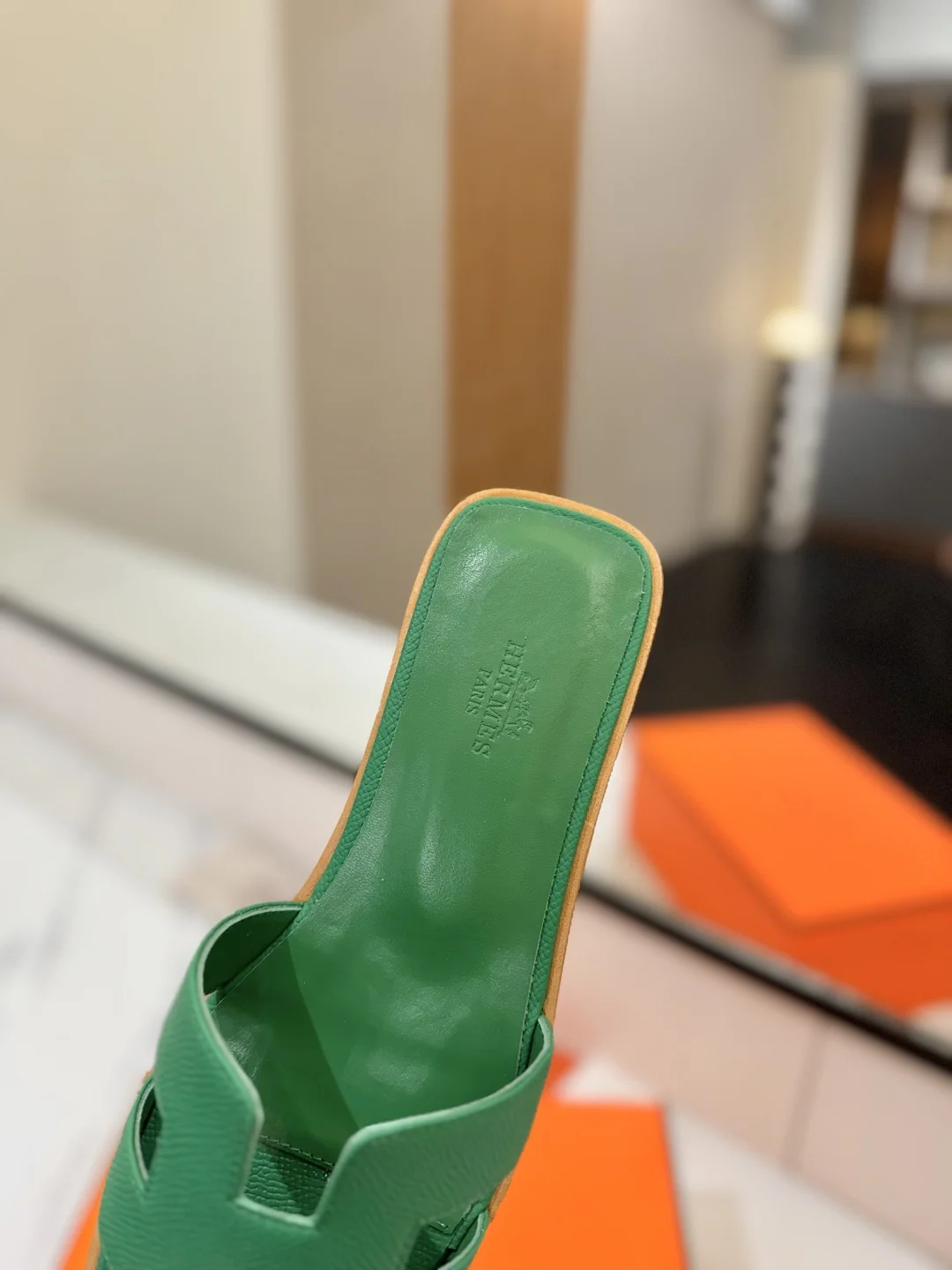 HERMES Slides Grained Calfskin Green-Brown EU35-40 B00202609111866 - Image 7