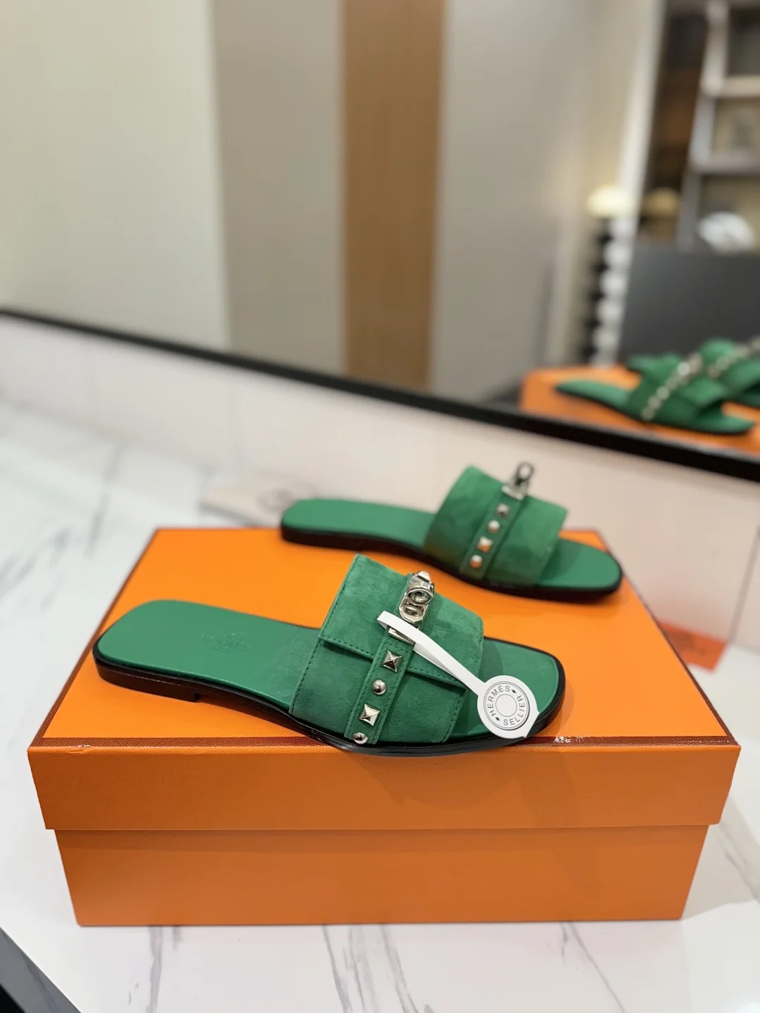 HERMES Slides Suede Green-Silver EU35-40 B20202609111864