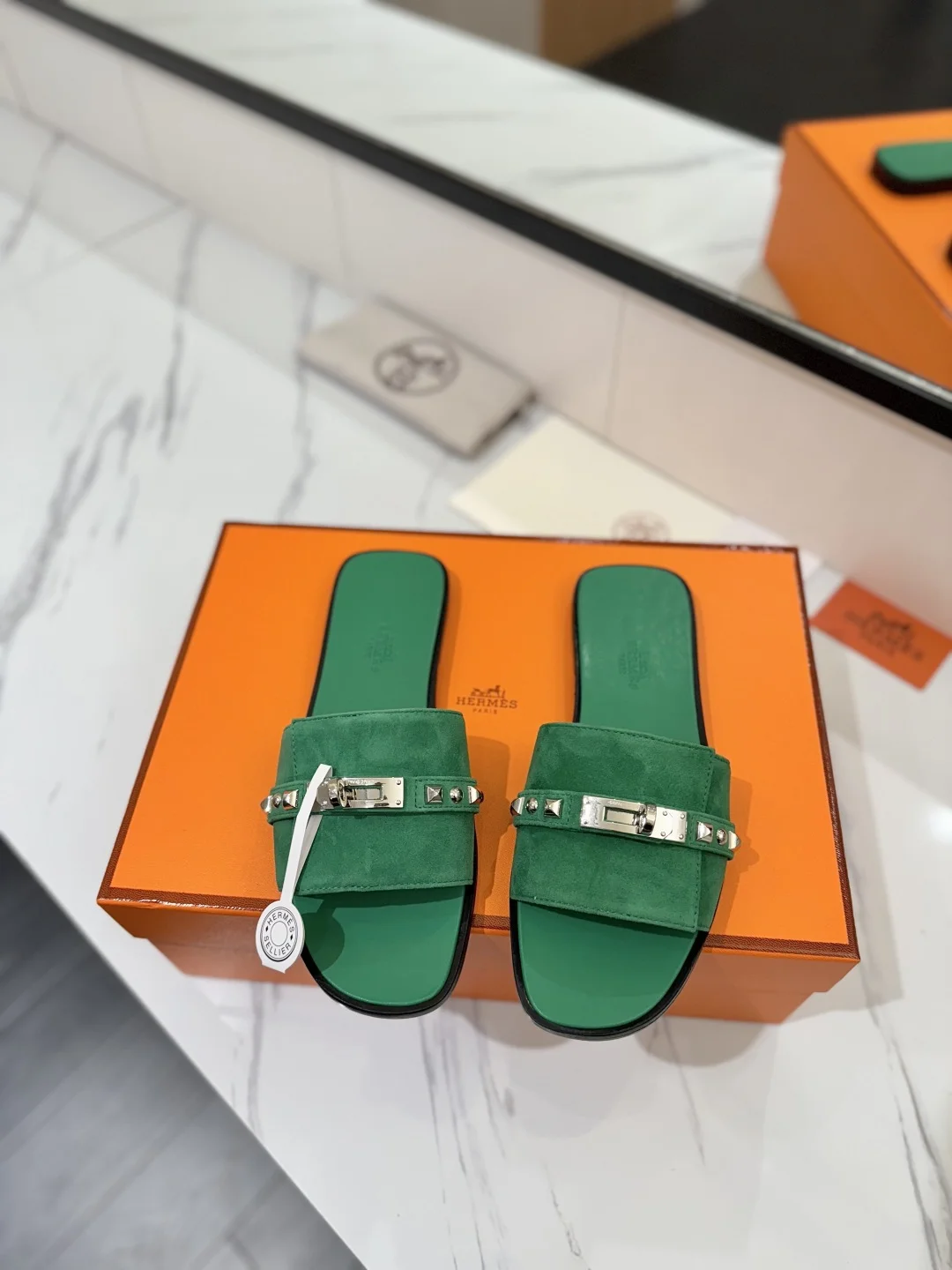 HERMES Slides Suede Green-Silver EU35-40 B20202609111864 - Image 3