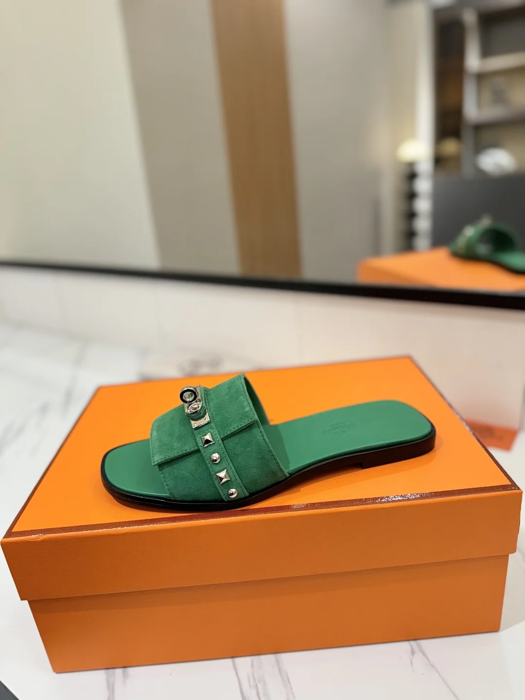 HERMES Slides Suede Green-Silver EU35-40 B20202609111864 - Image 4