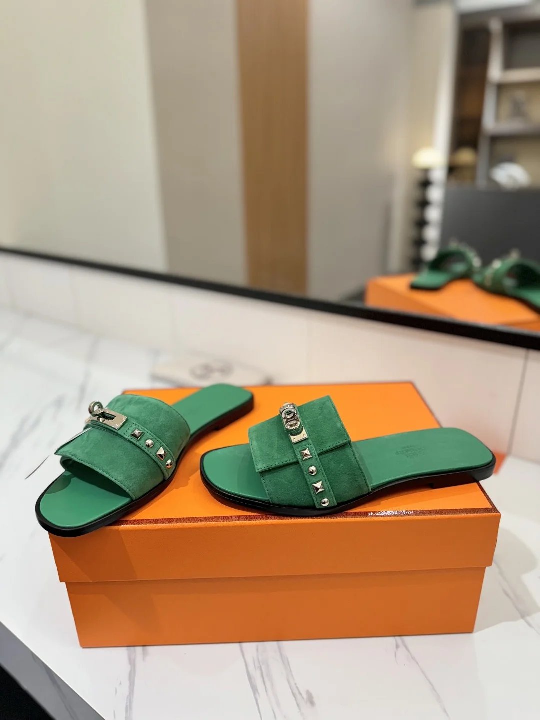 HERMES Slides Suede Green-Silver EU35-40 B20202609111864 - Image 6