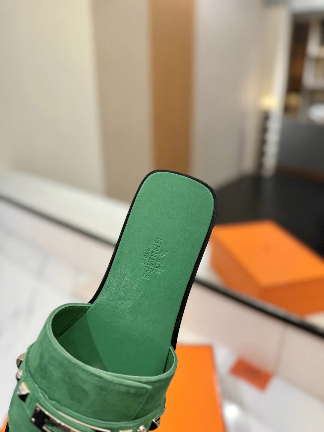 HERMES Slides Suede Green-Silver EU35-40 B20202609111864 - Image 7