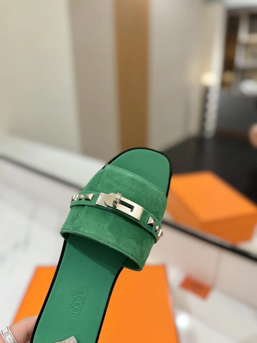 HERMES Slides Suede Green-Silver EU35-40 B20202609111864 - Image 8