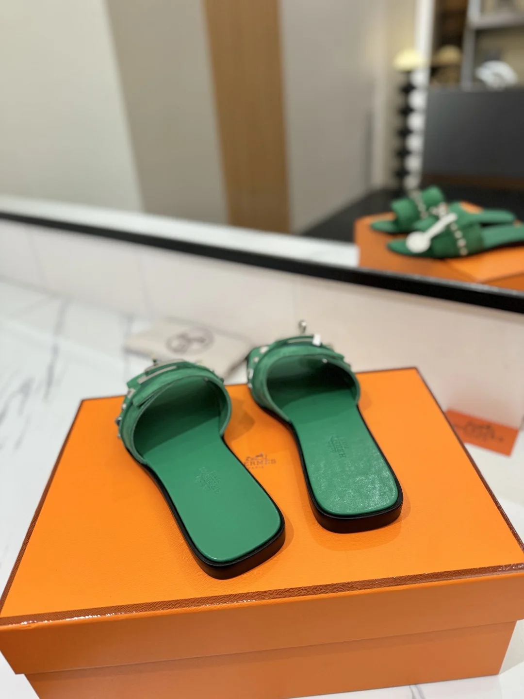 HERMES Slides Suede Green-Silver EU35-40 B20202609111864 - Image 9