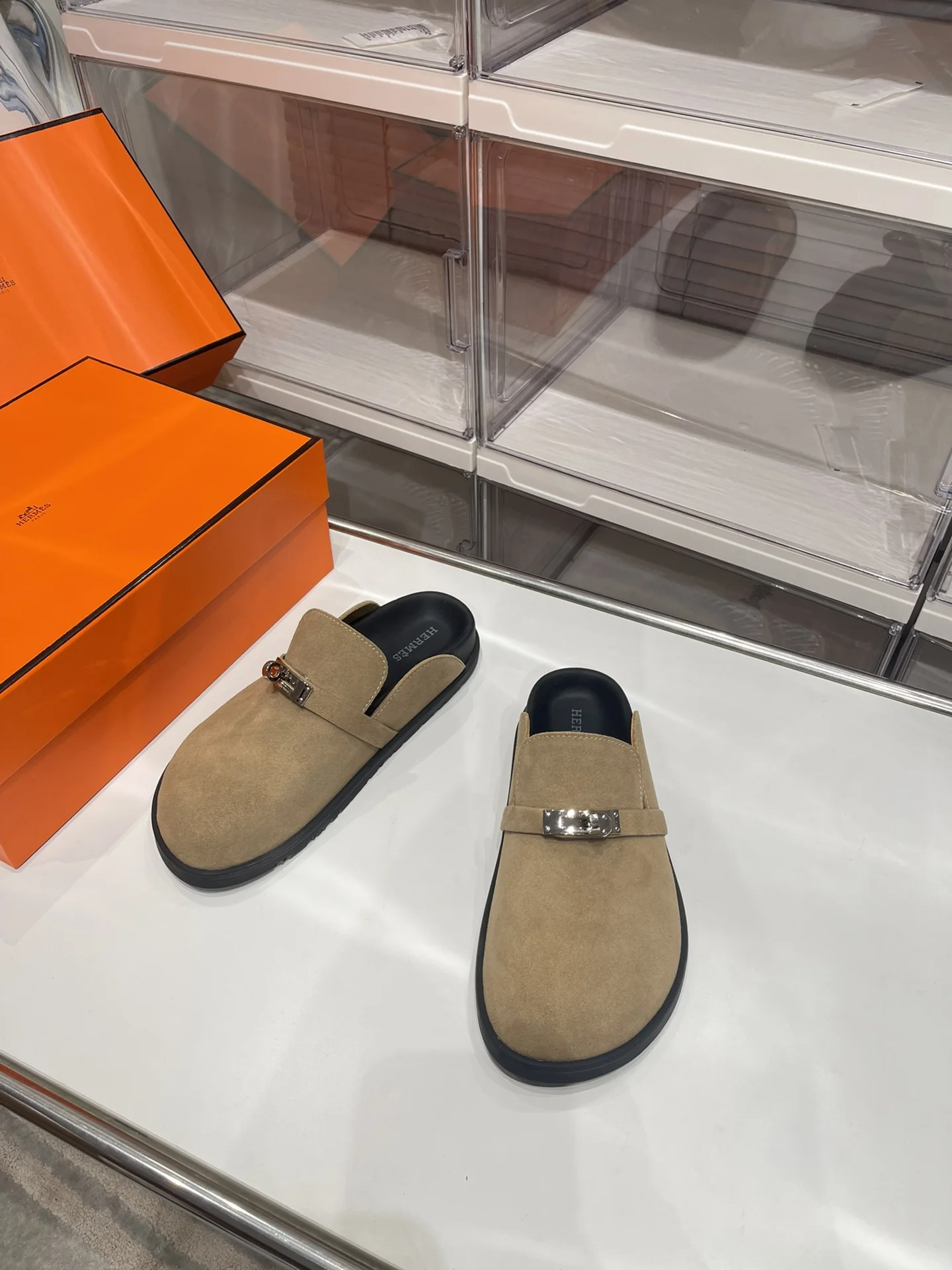 HERMES Slides Suede Leather Tan-Silver EU35-44 B30202609110906