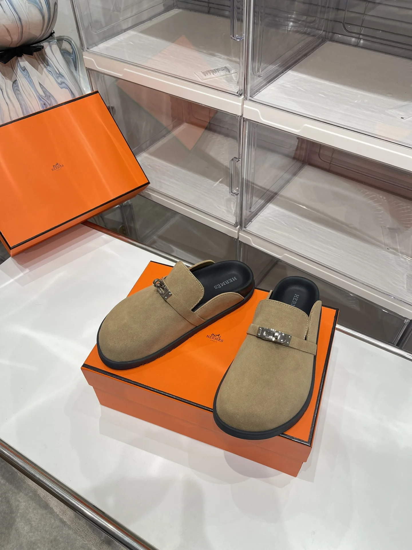 HERMES Slides Suede Leather Tan-Silver EU35-44 B30202609110906 - Image 3