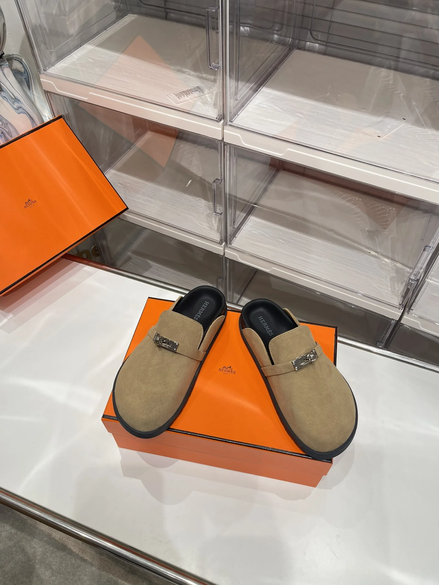 HERMES Slides Suede Leather Tan-Silver EU35-44 B30202609110906 - Image 4