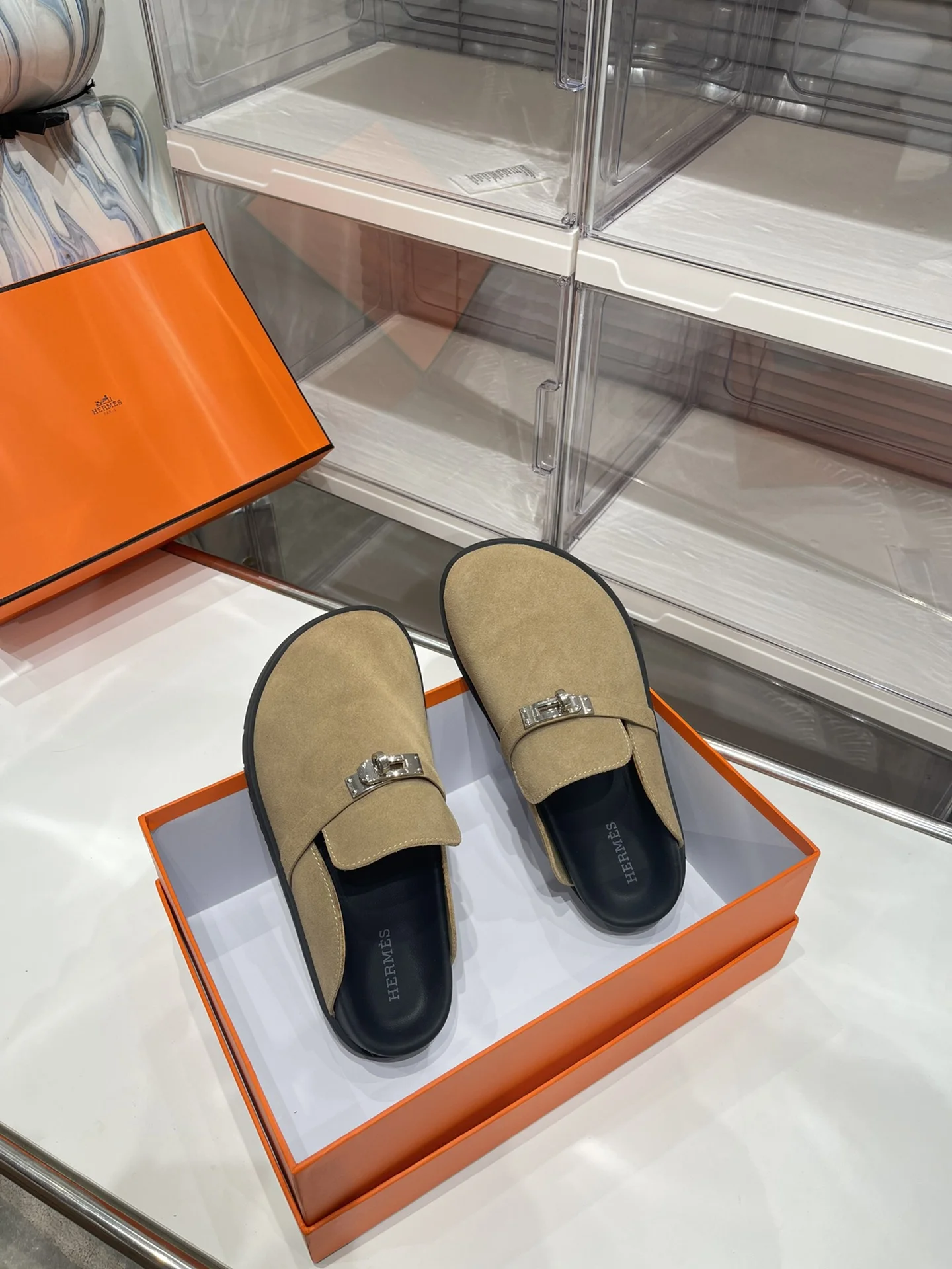 HERMES Slides Suede Leather Tan-Silver EU35-44 B30202609110906 - Image 5