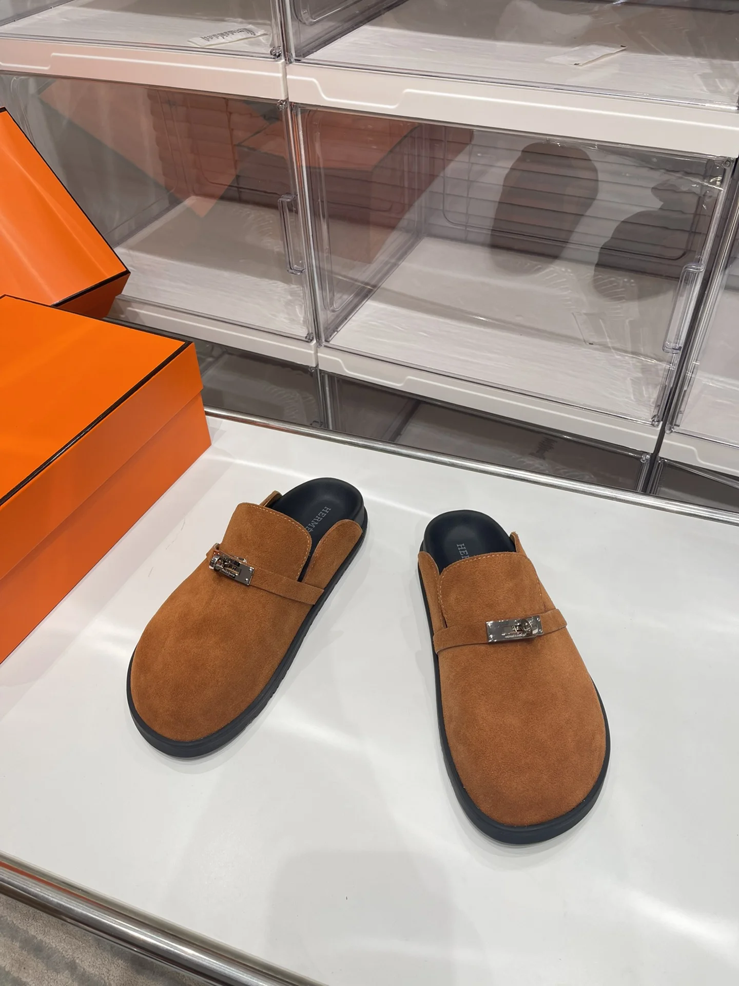 HERMES Slippers Suede Leather Brown-Silver EU35-44 B30202609110908