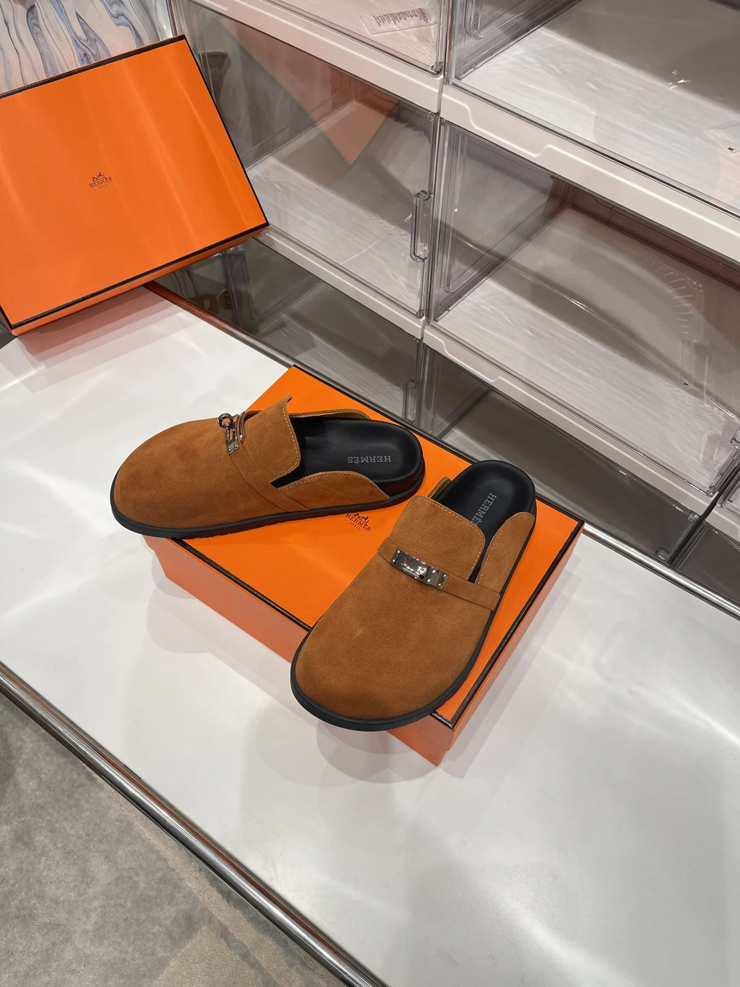 HERMES Slippers Suede Leather Brown-Silver EU35-44 B30202609110908 - Image 3