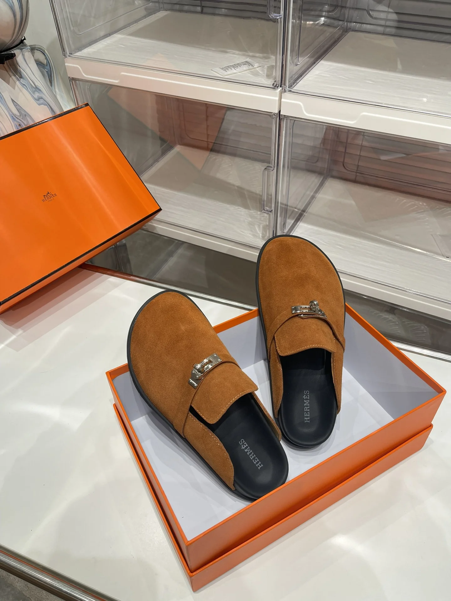 HERMES Slippers Suede Leather Brown-Silver EU35-44 B30202609110908 - Image 5