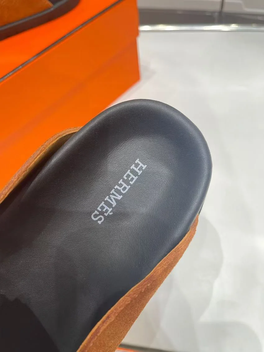 HERMES Slippers Suede Leather Brown-Silver EU35-44 B30202609110908 - Image 7