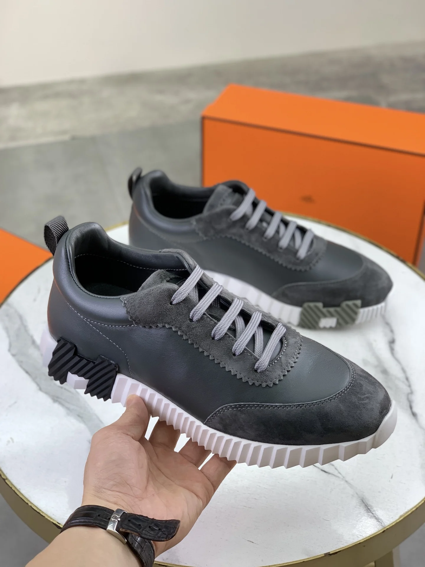 HERMES Sneakers Mesh Leather Gray-White EU39-45 C40202609110973 - Image 3