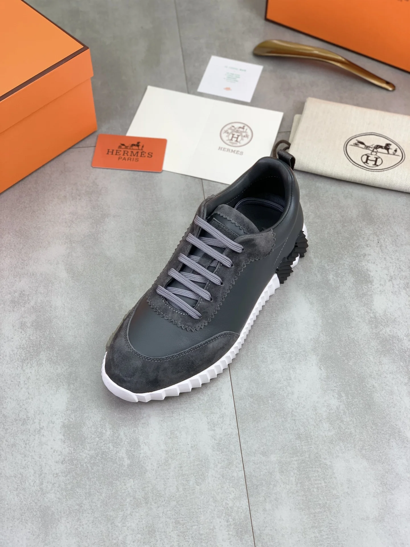 HERMES Sneakers Mesh Leather Gray-White EU39-45 C40202609110973 - Image 4