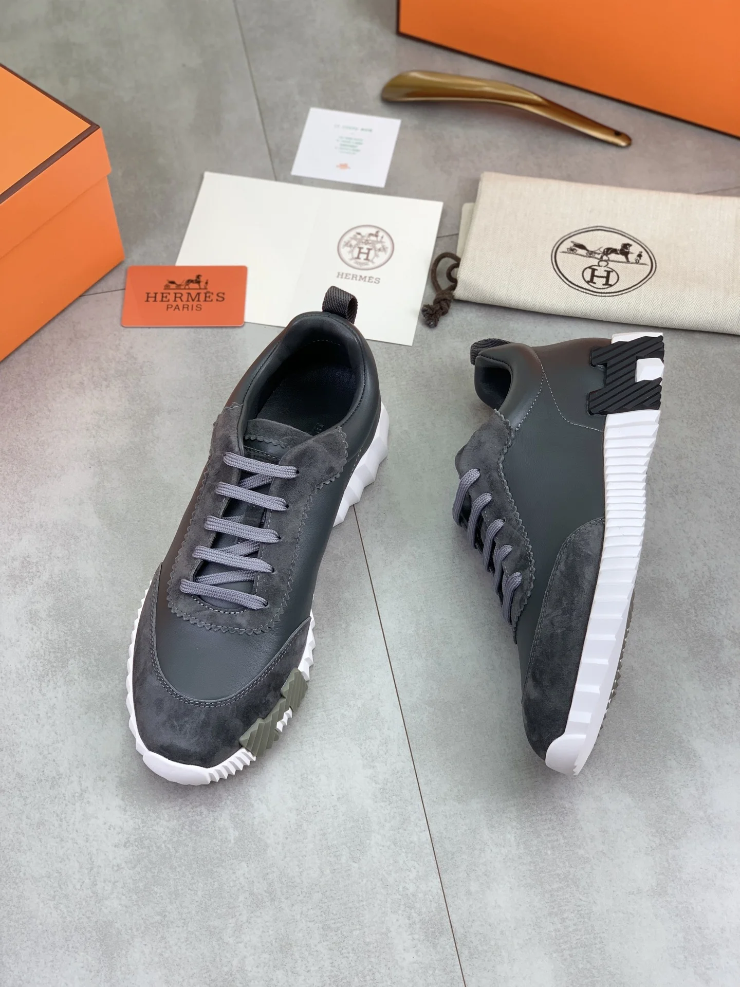 HERMES Sneakers Mesh Leather Gray-White EU39-45 C40202609110973 - Image 5