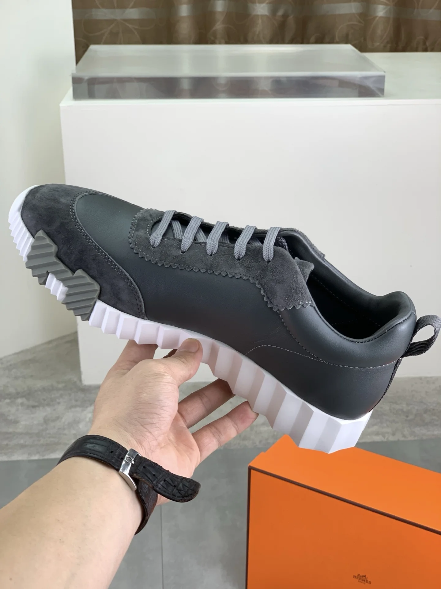 HERMES Sneakers Mesh Leather Gray-White EU39-45 C40202609110973 - Image 6