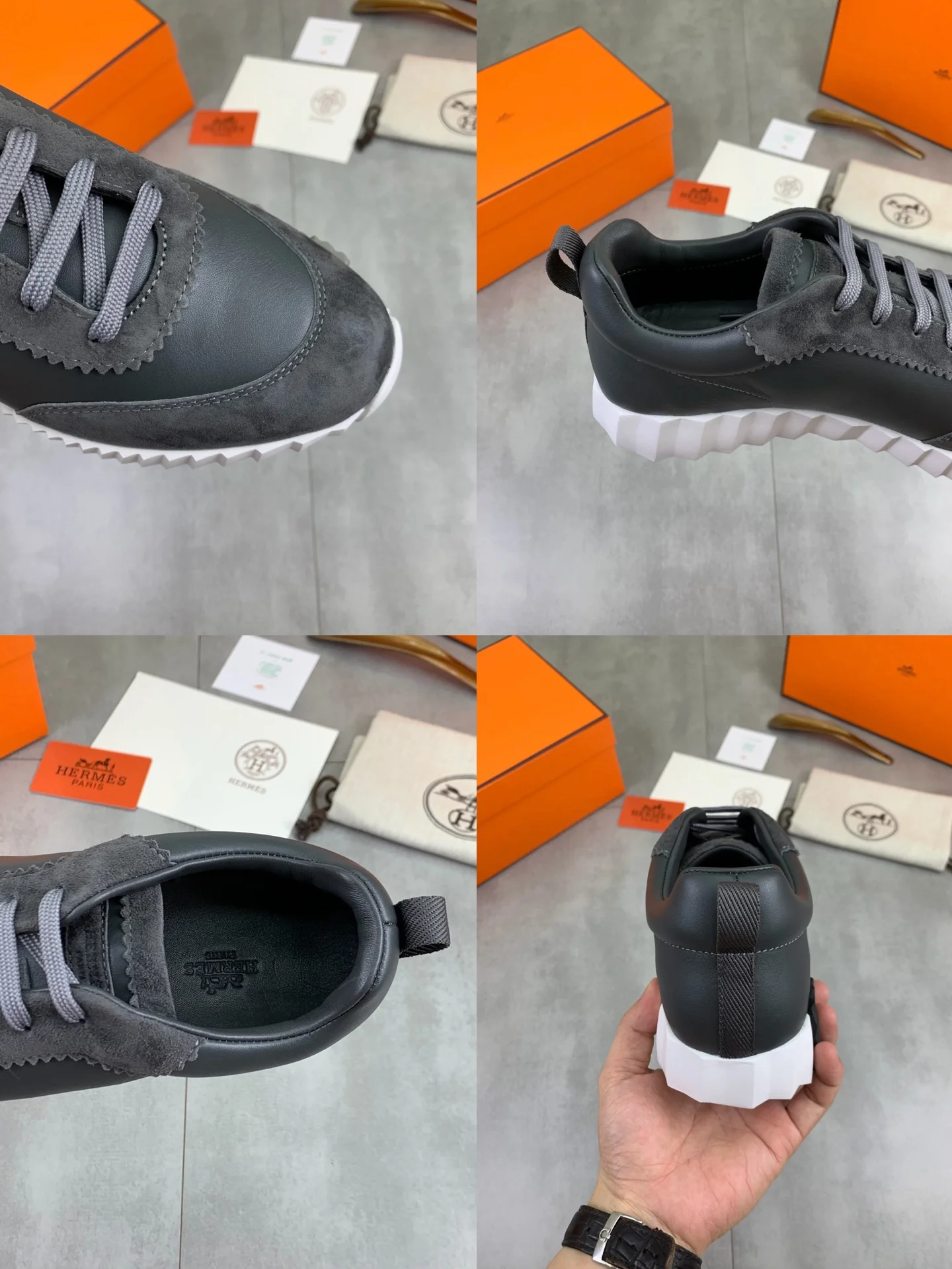 HERMES Sneakers Mesh Leather Gray-White EU39-45 C40202609110973 - Image 9
