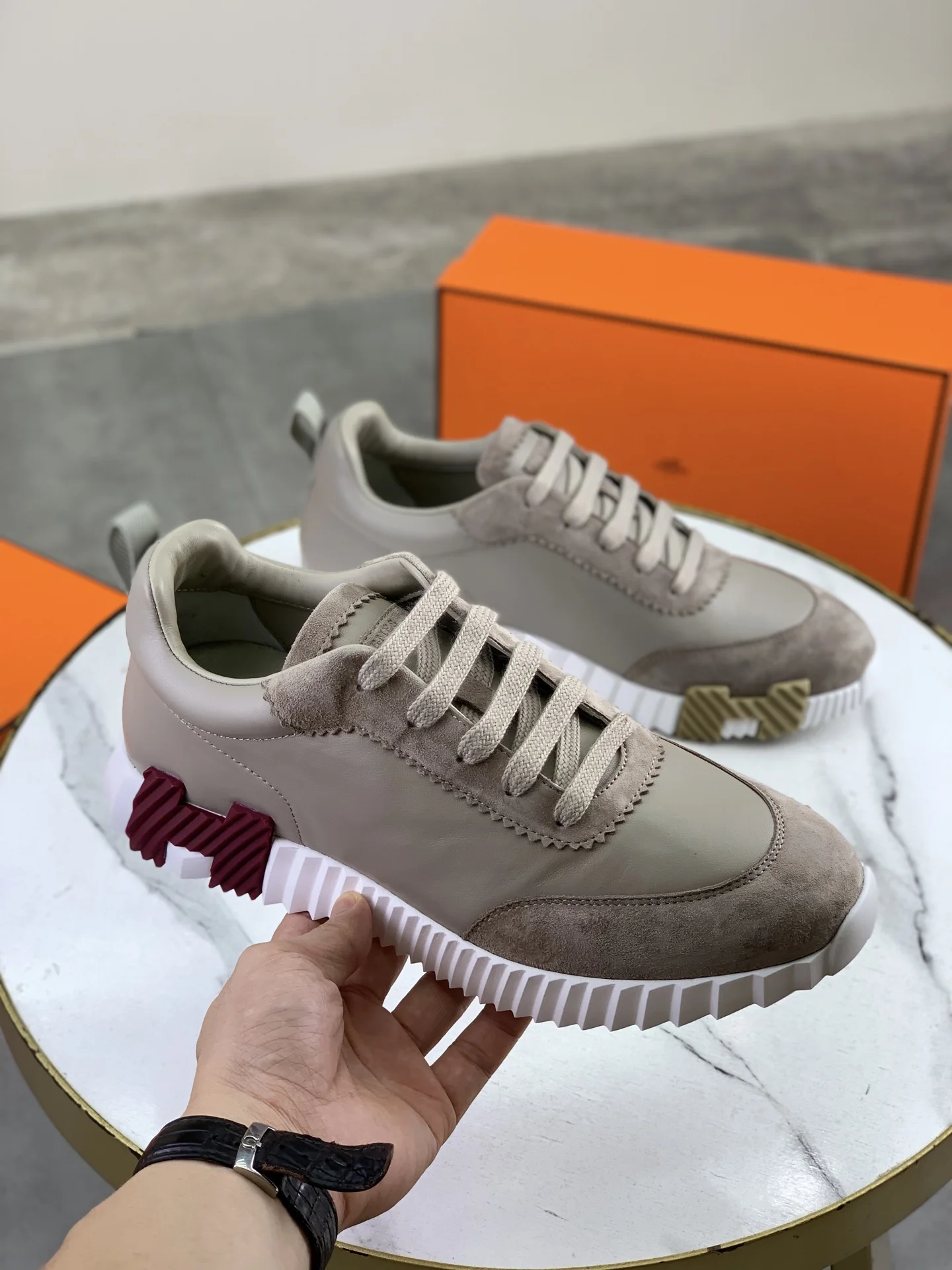HERMES Sneakers Technical Leather Beige-Burgundy EU39-45 C40202609110970 - Image 3