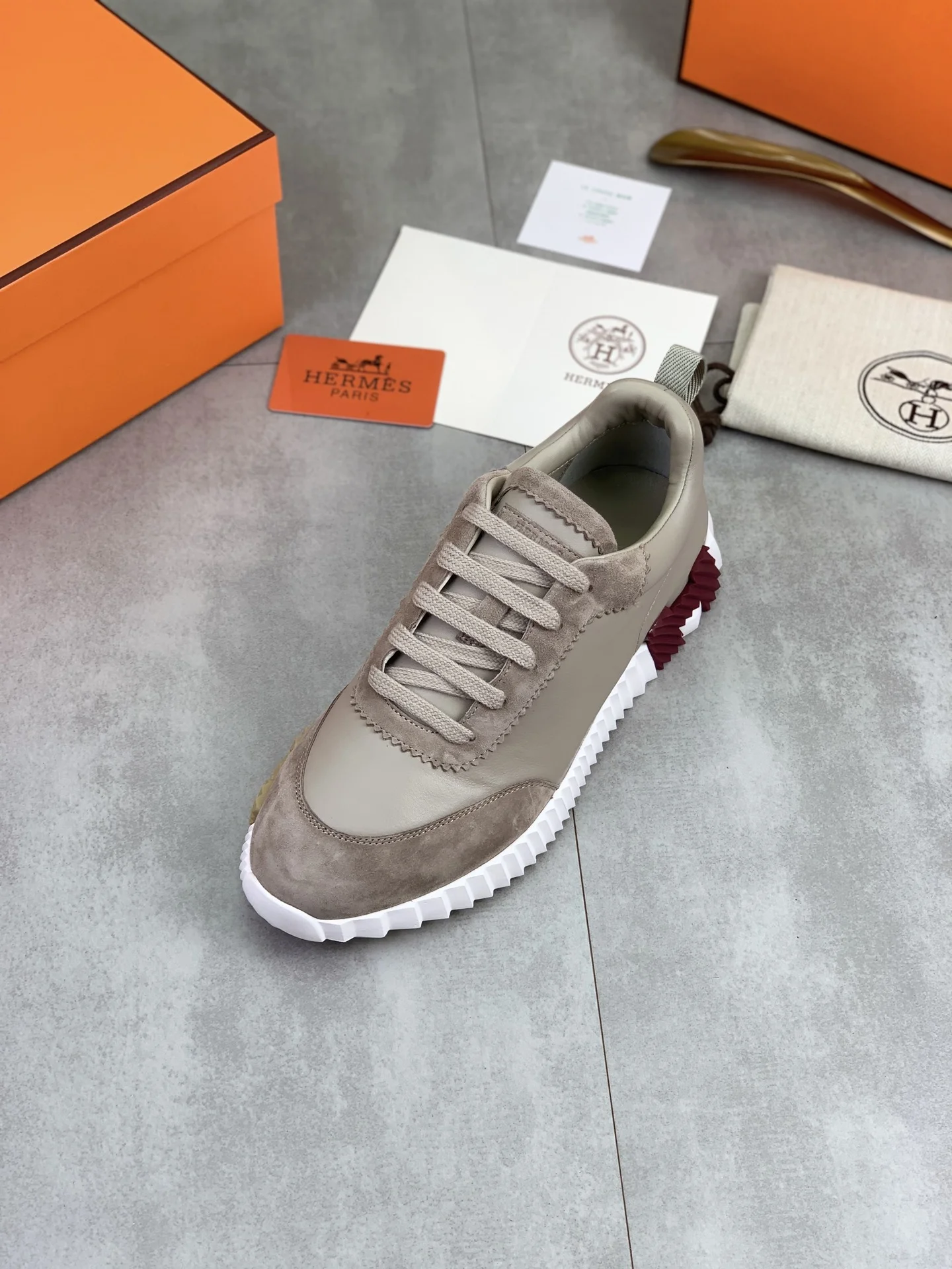 HERMES Sneakers Technical Leather Beige-Burgundy EU39-45 C40202609110970 - Image 4