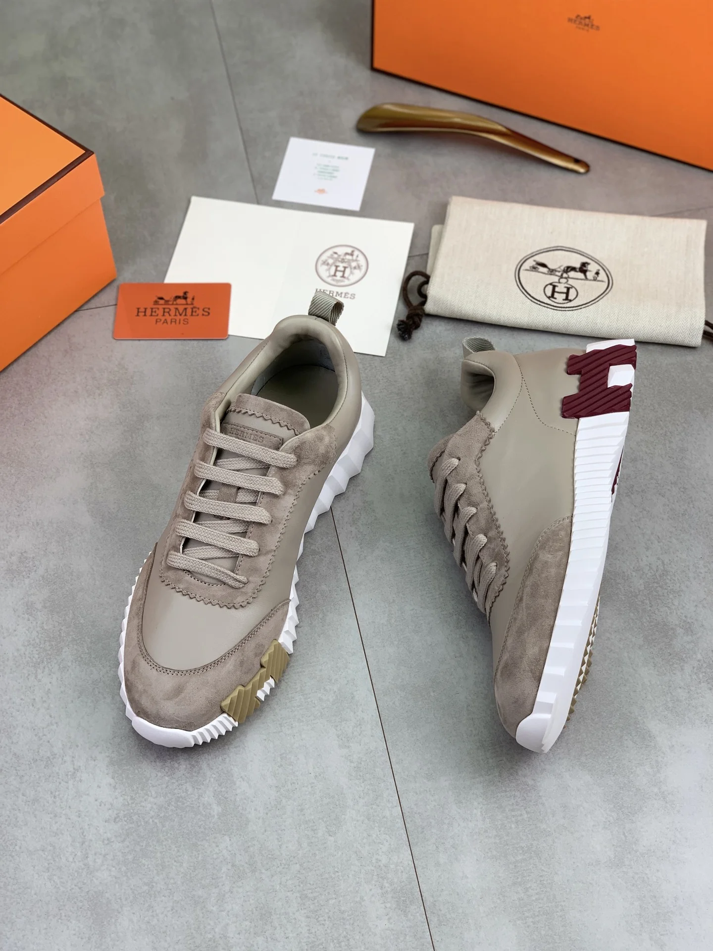 HERMES Sneakers Technical Leather Beige-Burgundy EU39-45 C40202609110970 - Image 5