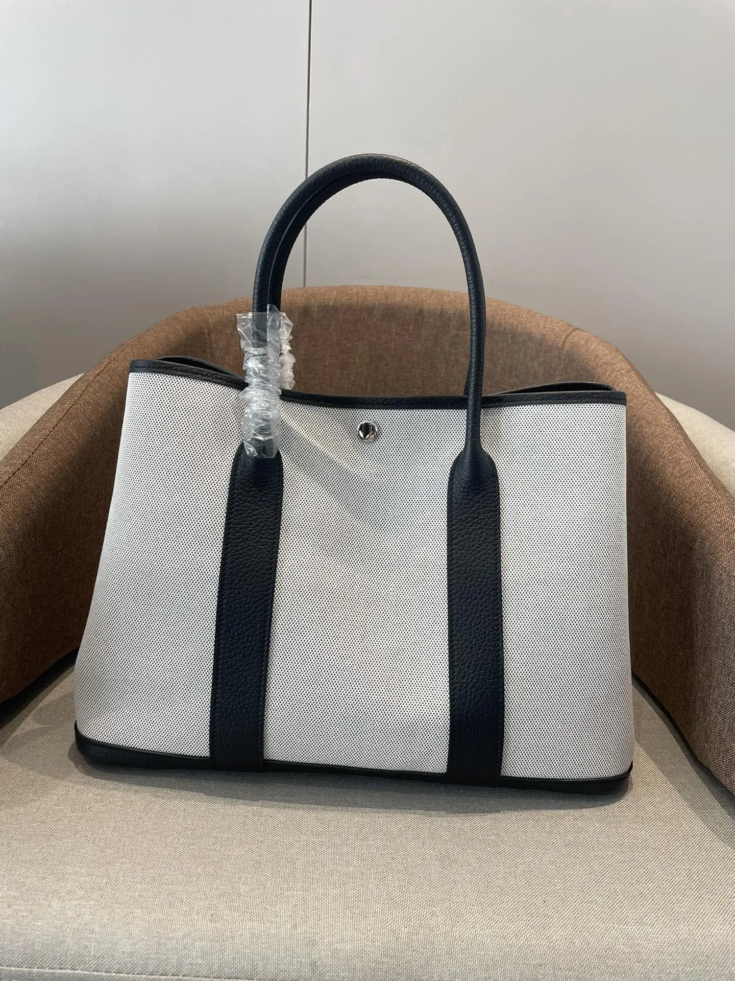 HERMES Top Handle Bags Canvas Leather White-Black 30CM-36CM A000202609090290