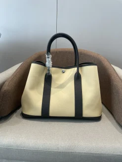 HERMES Totes Bags Canvas Leather Beige-Black 30X36CM A000202609090259