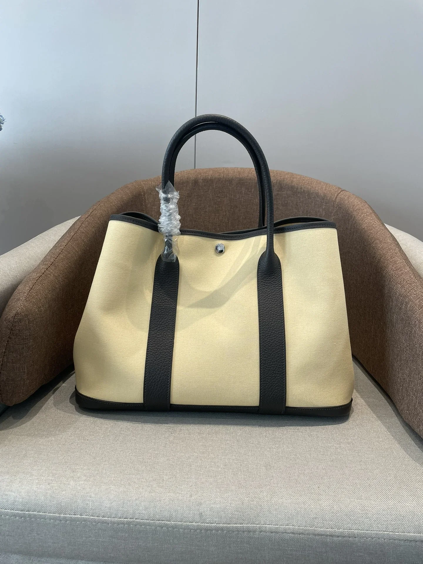 HERMES Totes Bags Canvas Leather Beige-Black 30X36CM A000202609090259