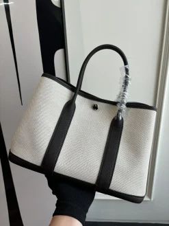 HERMES Totes Bags Canvas Leather White-Black 23-30 A000202609090270