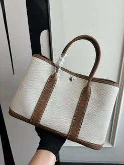 HERMES Totes Bags Canvas Leather White-Brown 23CM-30CM A000202609090295