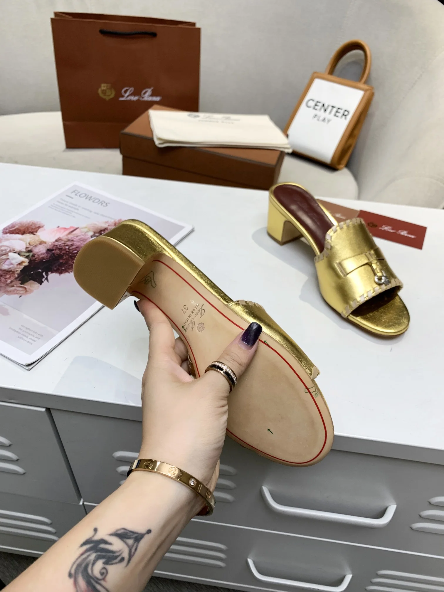 LORO PIANA Mules Cashmere Leather Gold-Brown EU35-41 B30202609111282 - Image 8