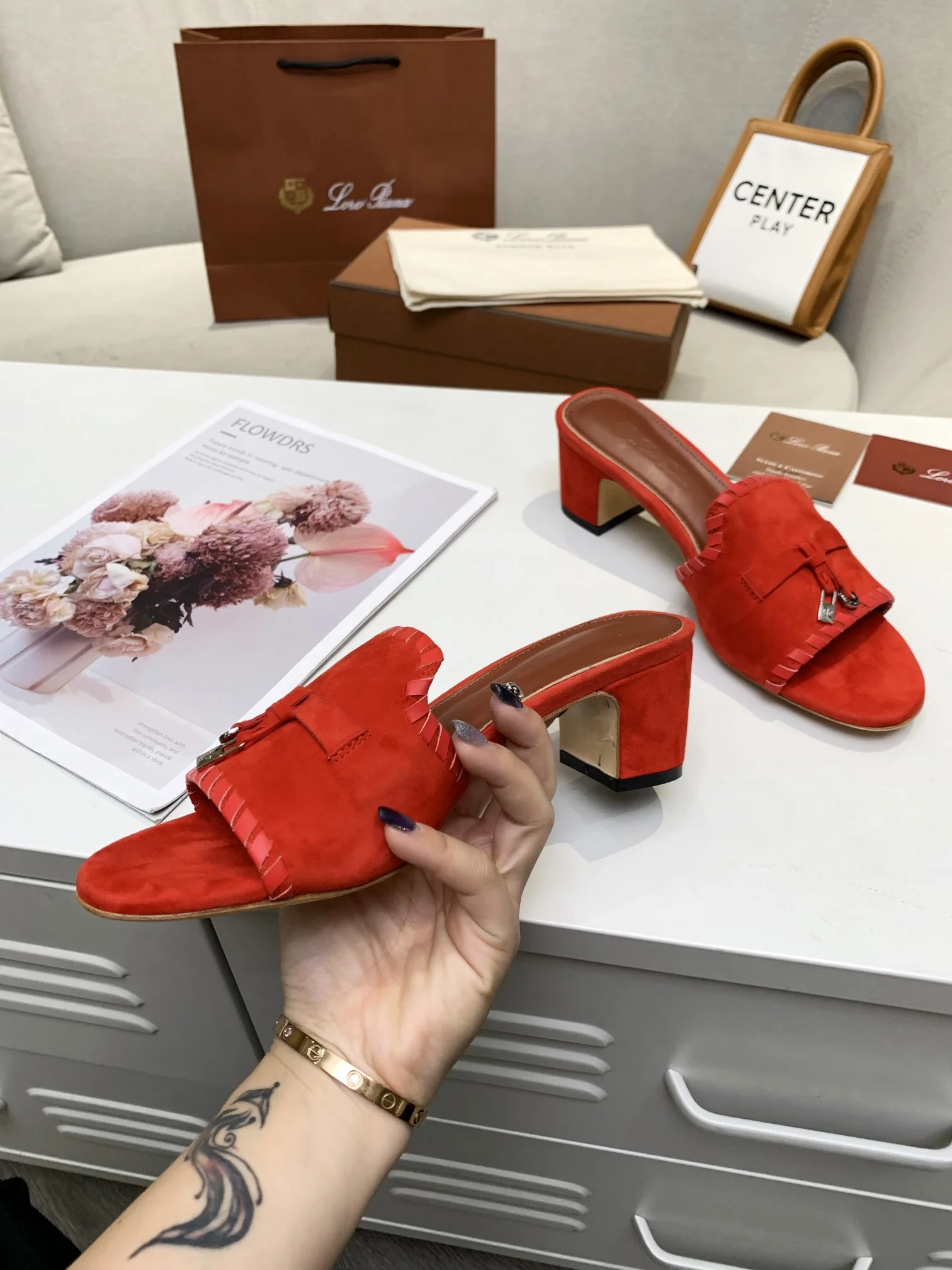 LORO PIANA Mules Cashmere Leather Red EU35-41 B30202609111285 - Image 2