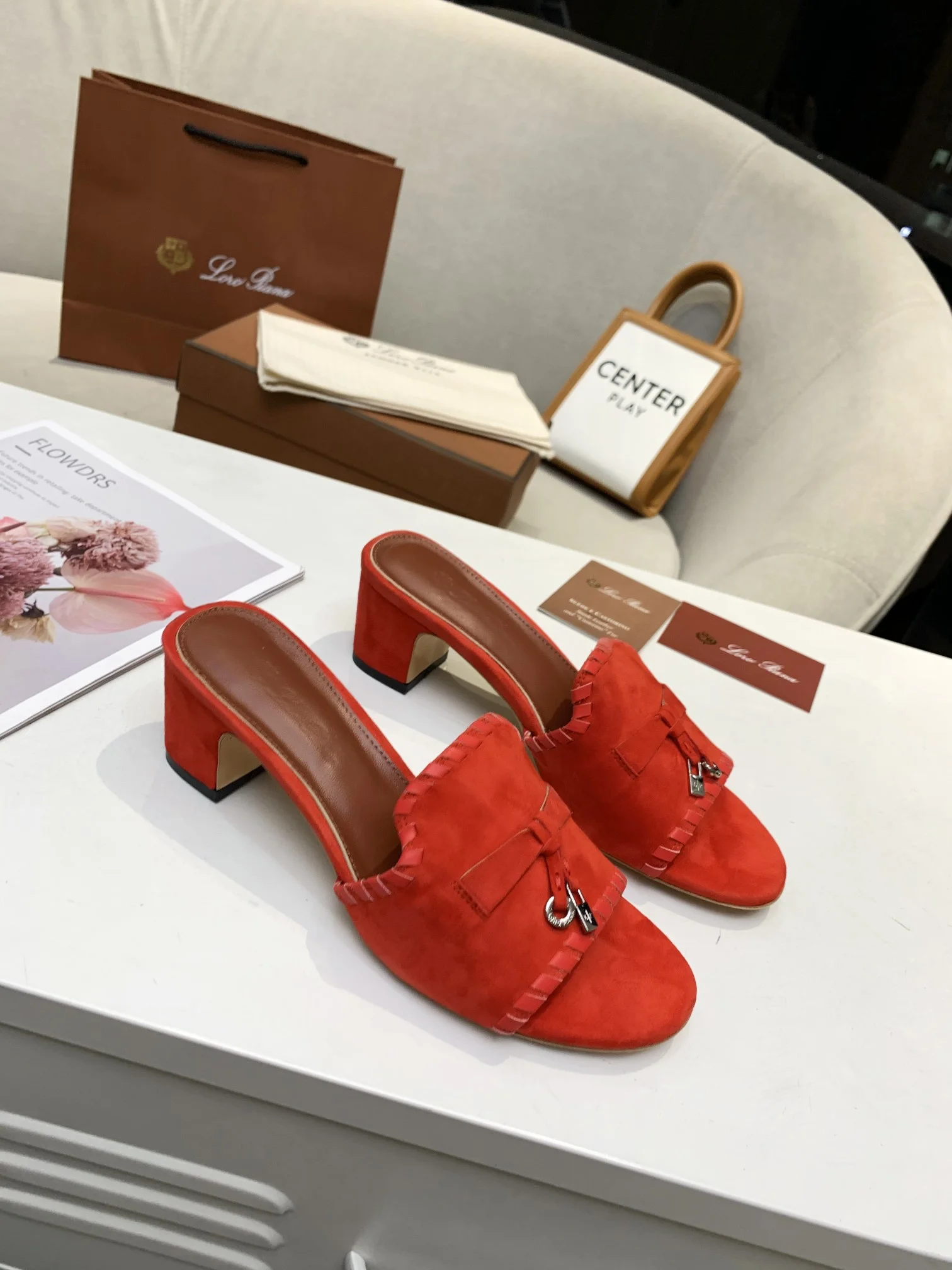 LORO PIANA Mules Cashmere Leather Red EU35-41 B30202609111285 - Image 3