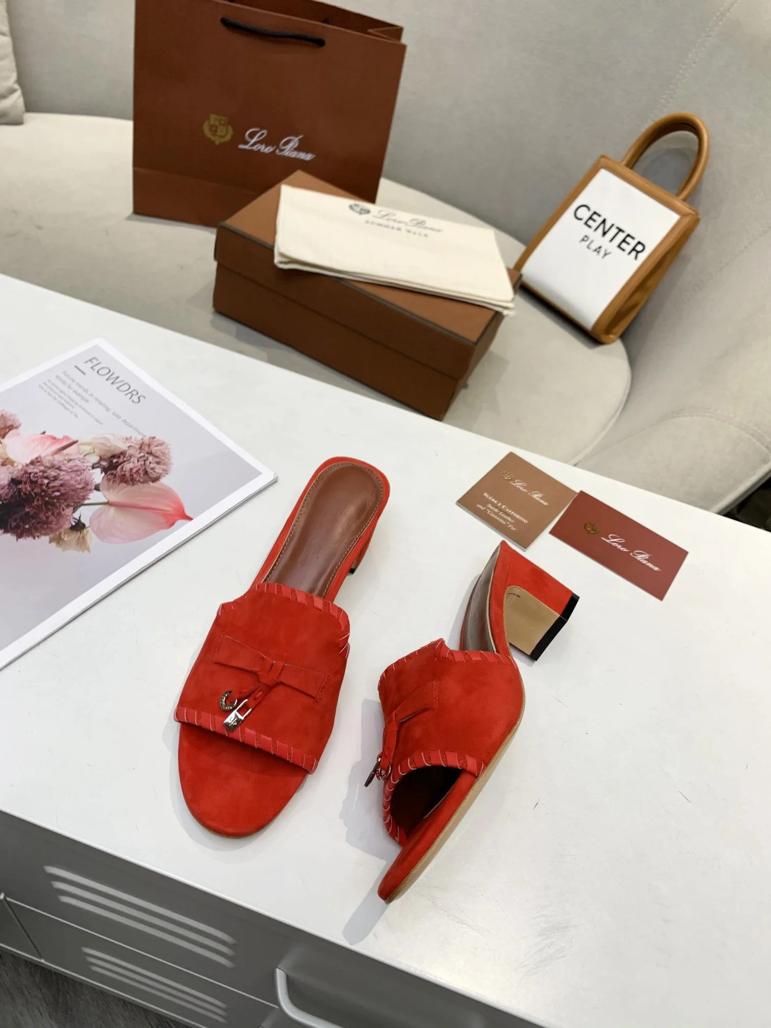 LORO PIANA Mules Cashmere Leather Red EU35-41 B30202609111285 - Image 4