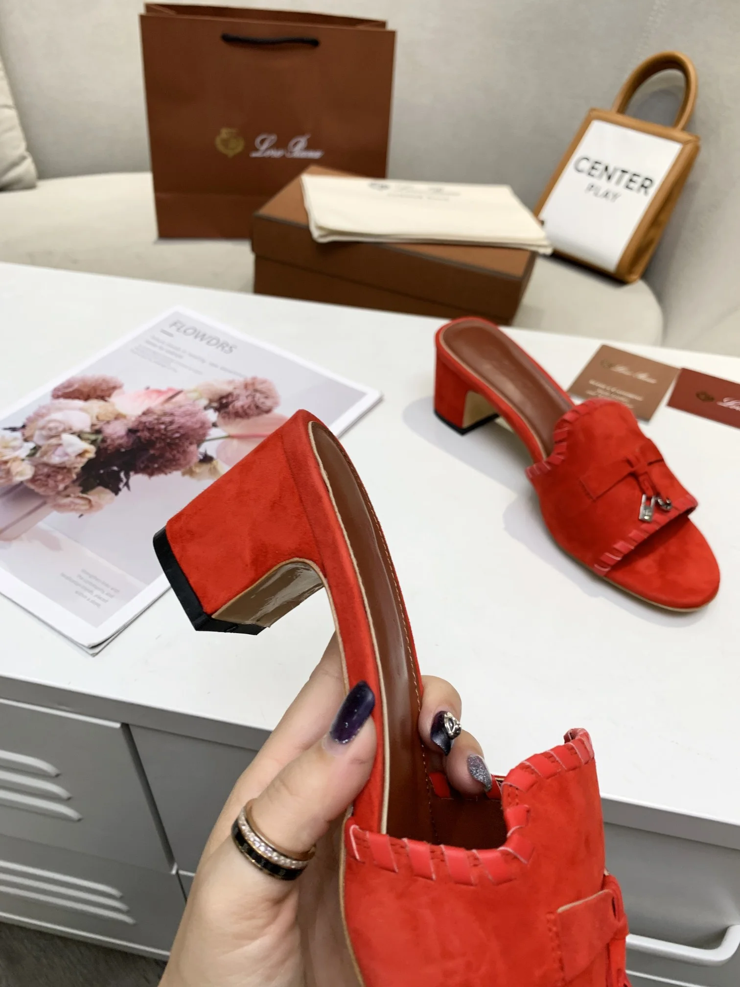 LORO PIANA Mules Cashmere Leather Red EU35-41 B30202609111285 - Image 5