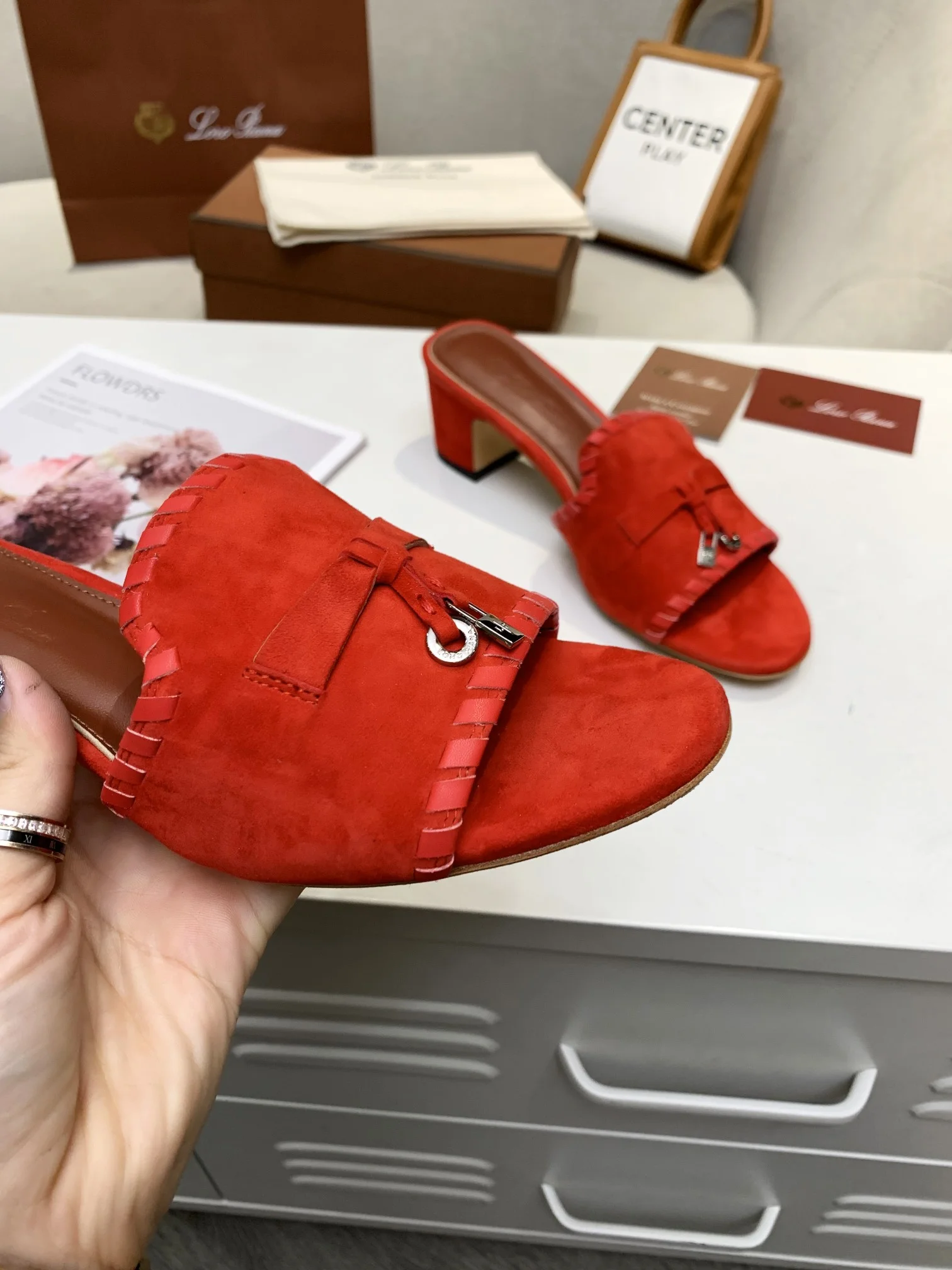 LORO PIANA Mules Cashmere Leather Red EU35-41 B30202609111285 - Image 6