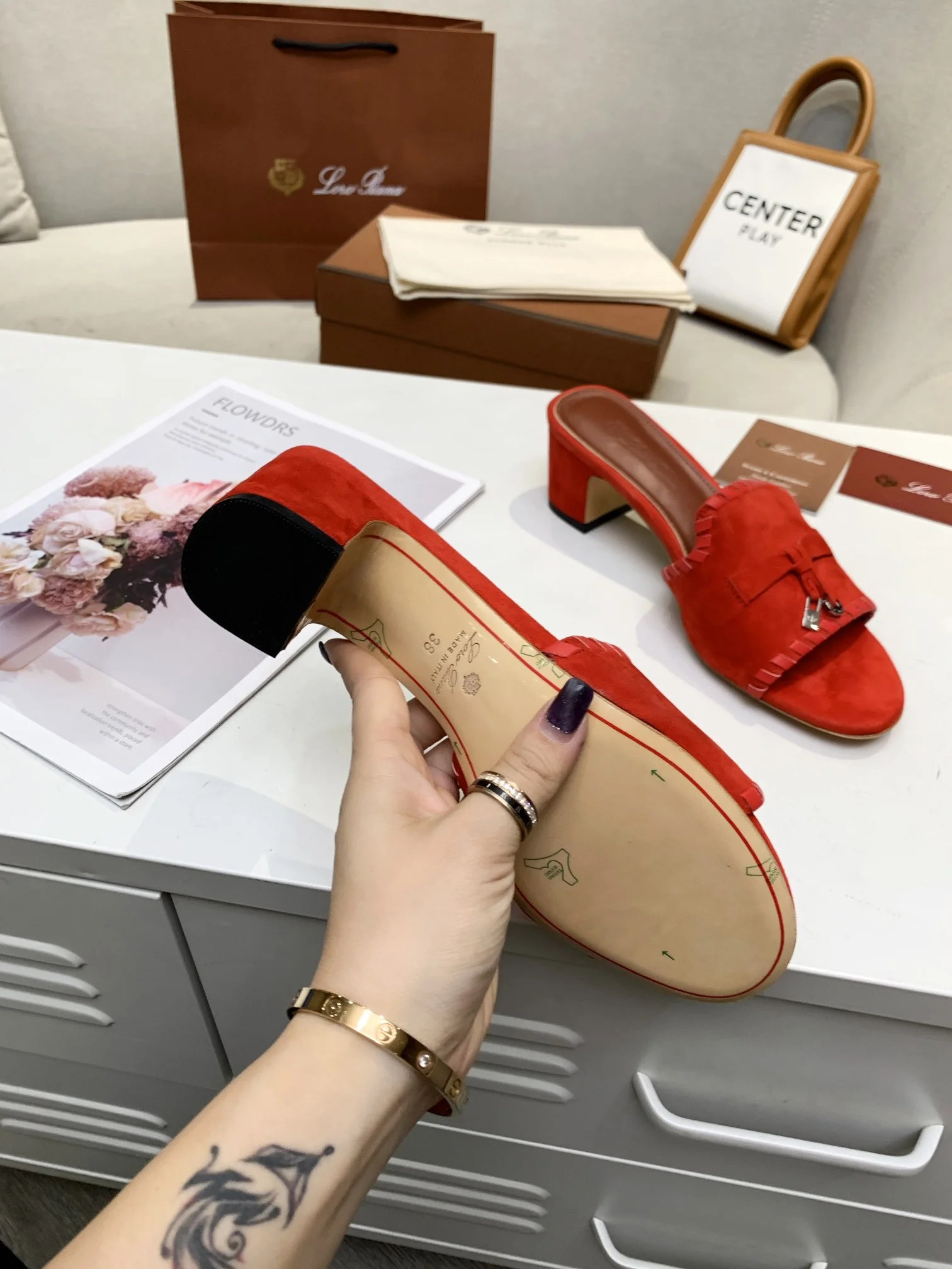 LORO PIANA Mules Cashmere Leather Red EU35-41 B30202609111285 - Image 8