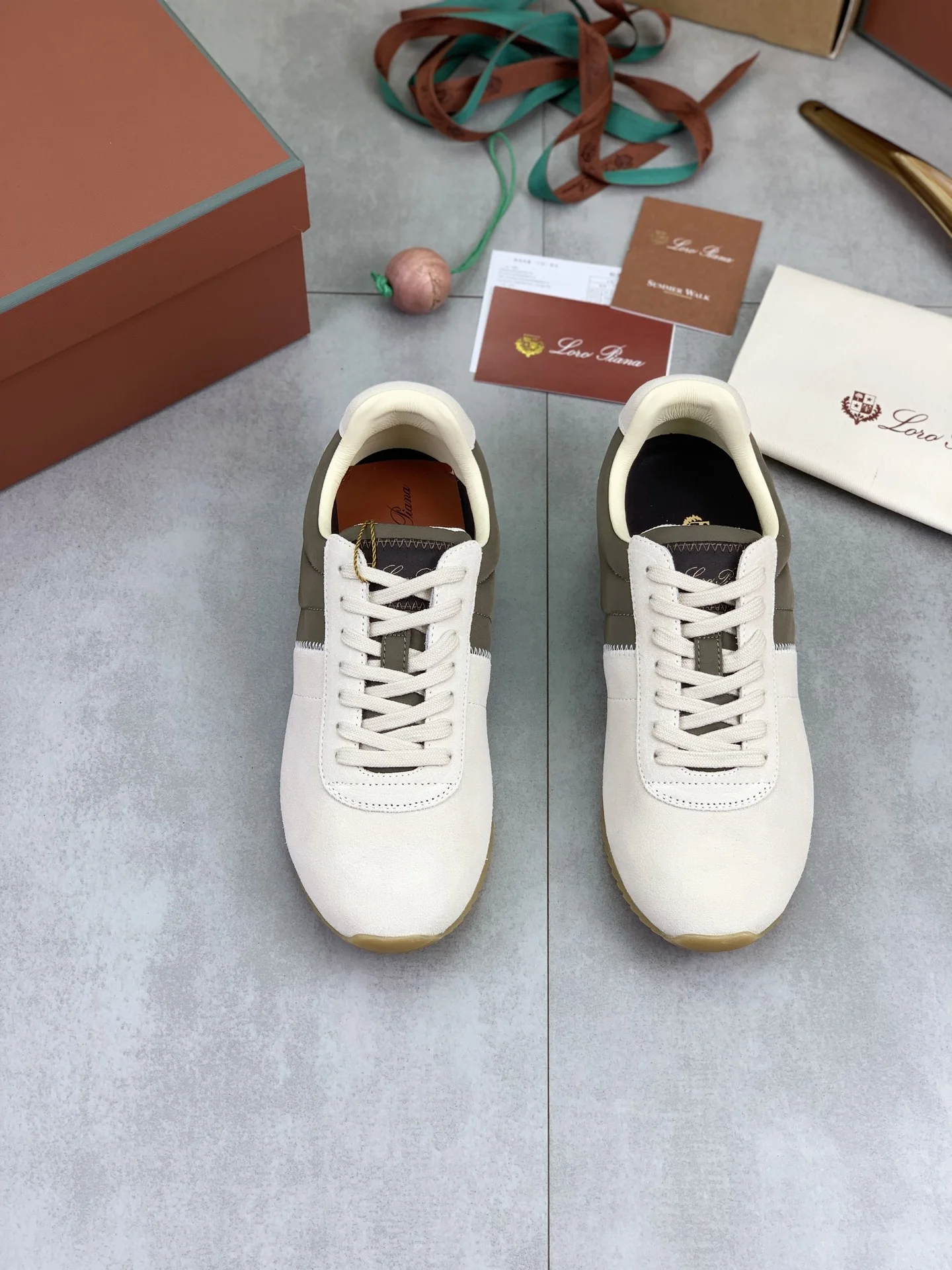 LORO PIANA Sneakers Suede Calf Leather Beige-Green EU35-44 C00202609111091 - Image 2