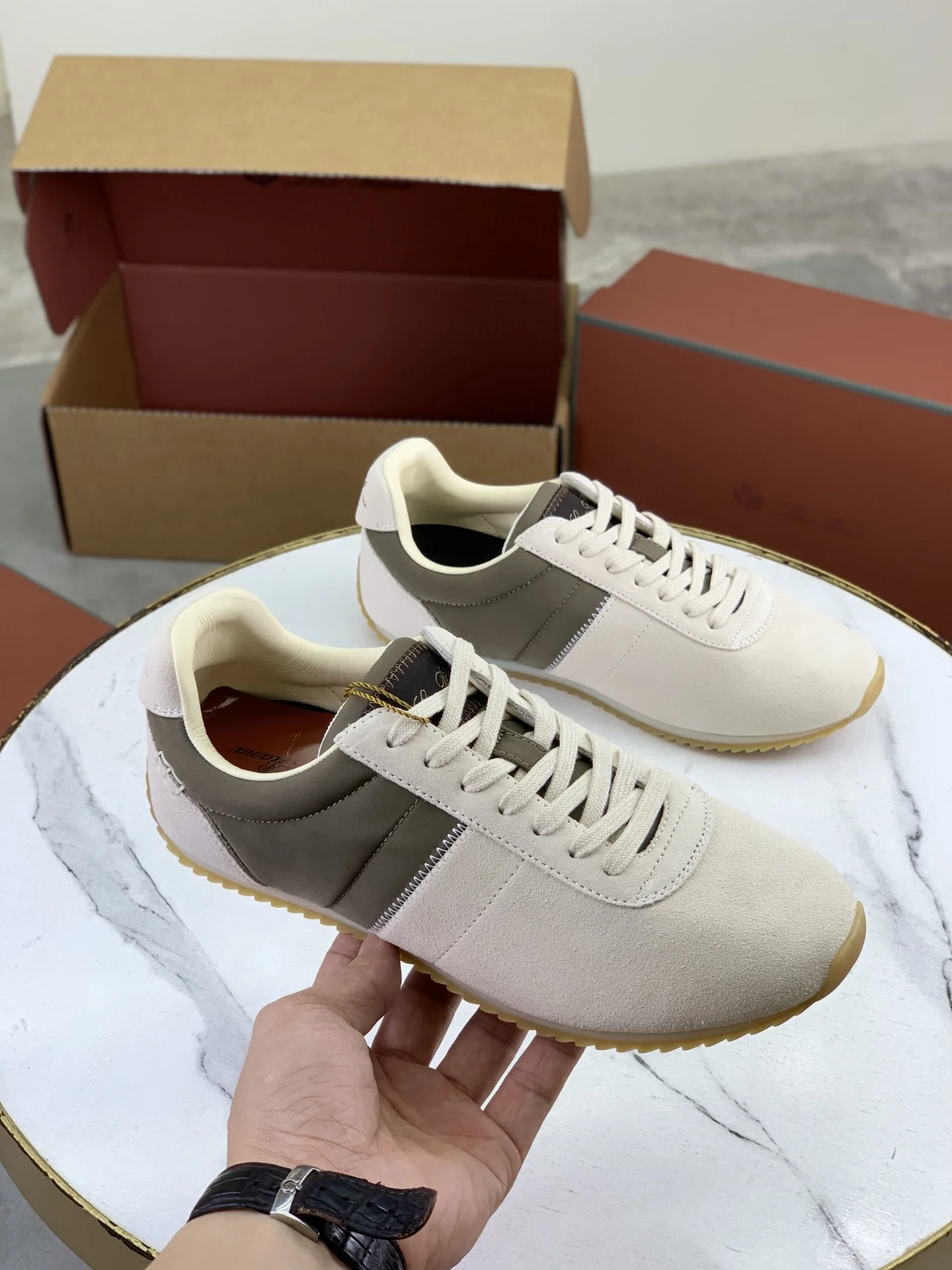 LORO PIANA Sneakers Suede Calf Leather Beige-Green EU35-44 C00202609111091 - Image 3