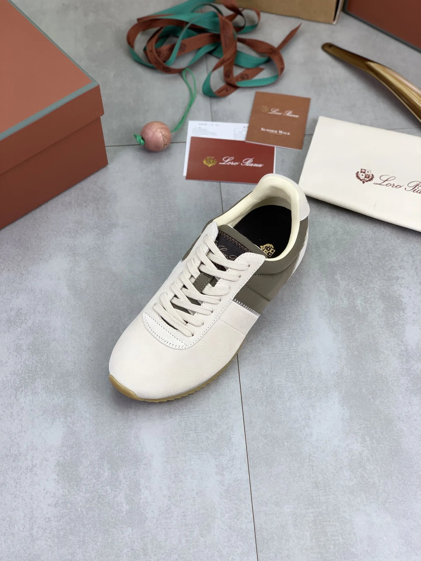 LORO PIANA Sneakers Suede Calf Leather Beige-Green EU35-44 C00202609111091 - Image 4