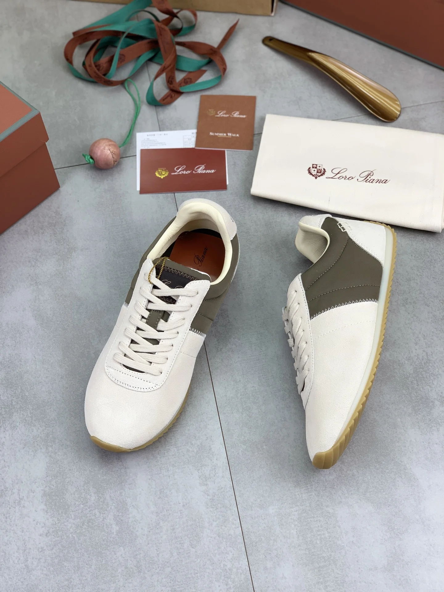 LORO PIANA Sneakers Suede Calf Leather Beige-Green EU35-44 C00202609111091 - Image 5