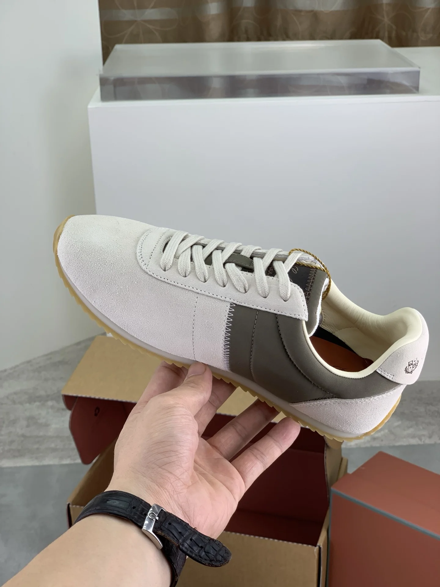LORO PIANA Sneakers Suede Calf Leather Beige-Green EU35-44 C00202609111091 - Image 6