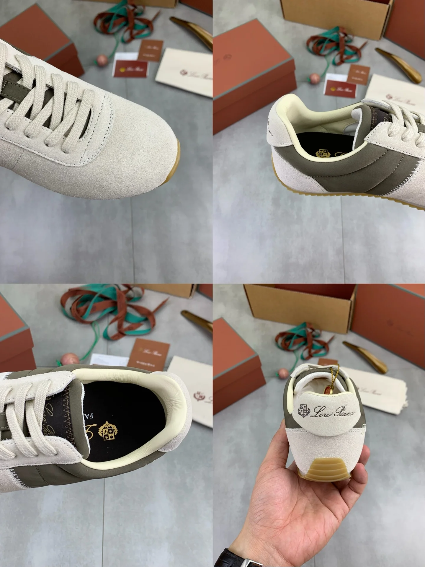 LORO PIANA Sneakers Suede Calf Leather Beige-Green EU35-44 C00202609111091 - Image 9