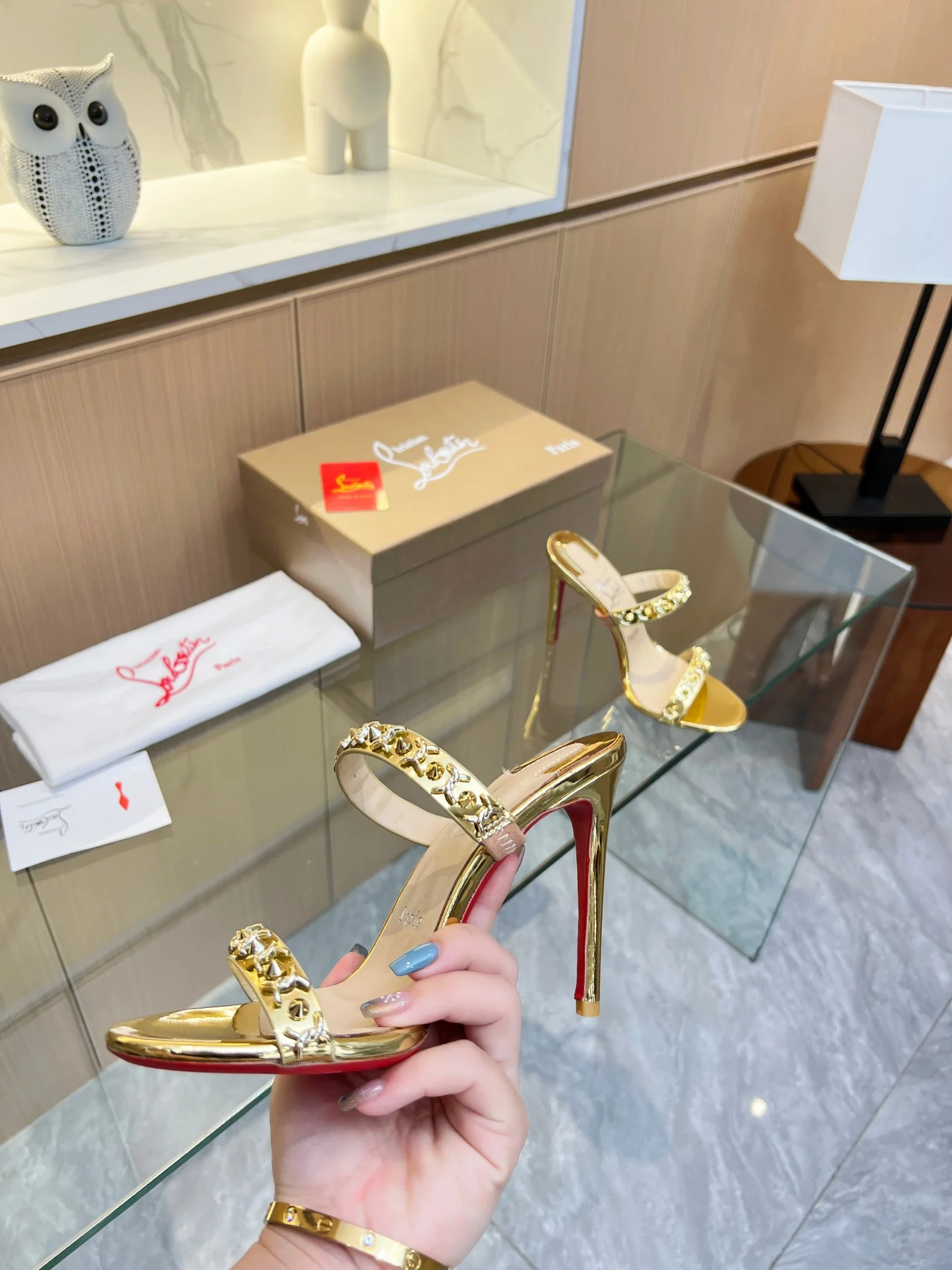 LOUBOUTIN Sandals Metal Crystal Leather Gold-Red EU35-39 B60202609110024 - Image 3