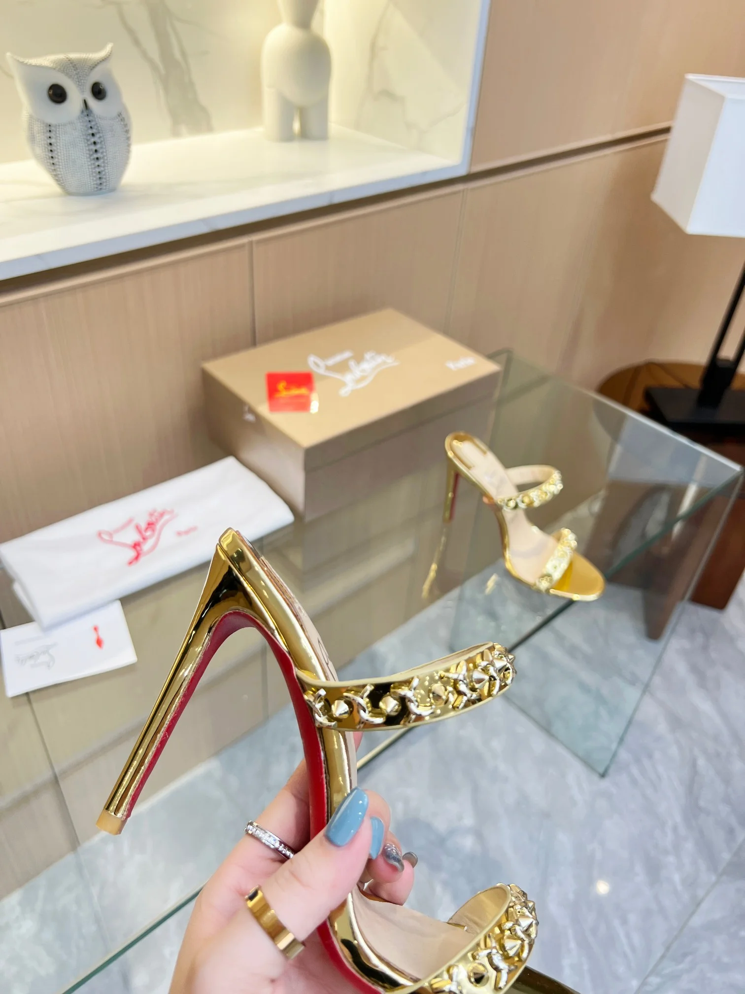 LOUBOUTIN Sandals Metal Crystal Leather Gold-Red EU35-39 B60202609110024 - Image 4