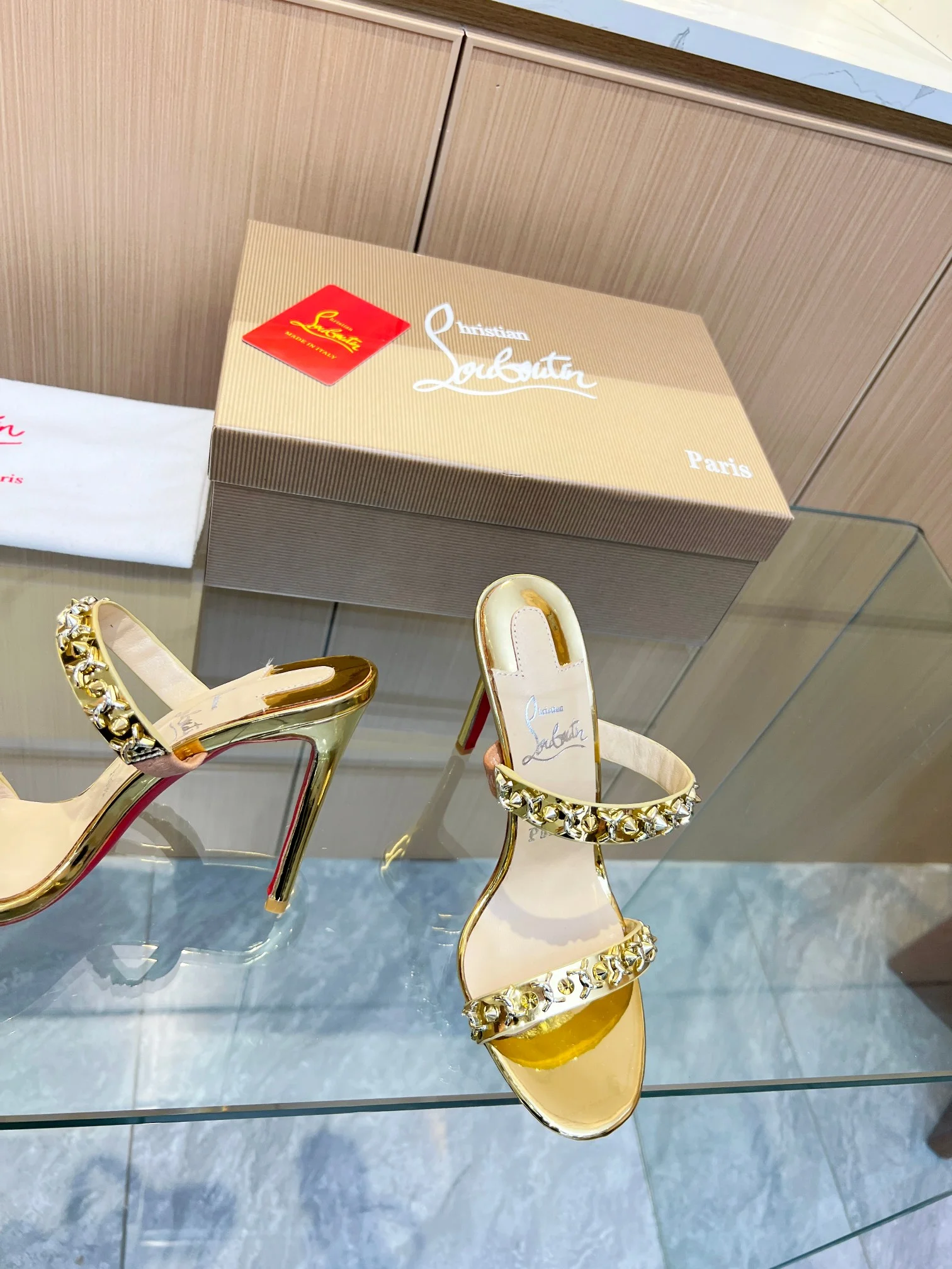 LOUBOUTIN Sandals Metal Crystal Leather Gold-Red EU35-39 B60202609110024 - Image 5