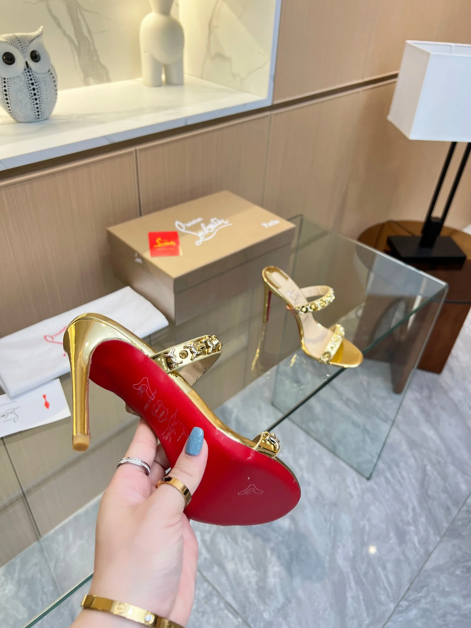LOUBOUTIN Sandals Metal Crystal Leather Gold-Red EU35-39 B60202609110024 - Image 6